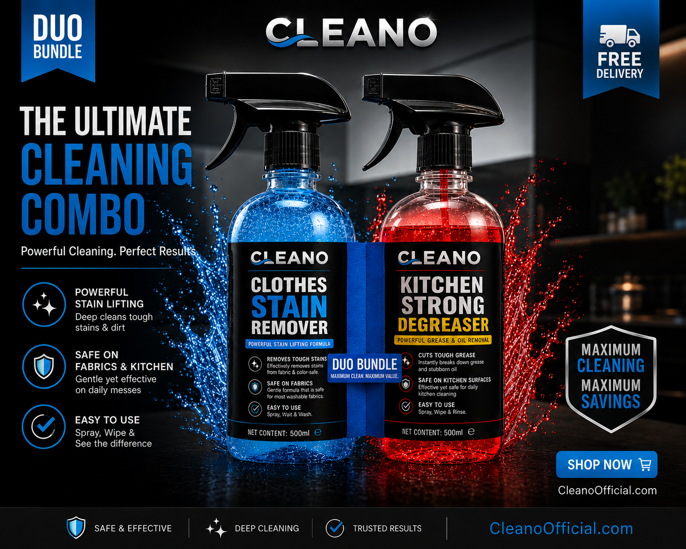 Cleano Duo Cleaning Bundle – Clothes Stain Remover & Kitchen Strong Degreaser