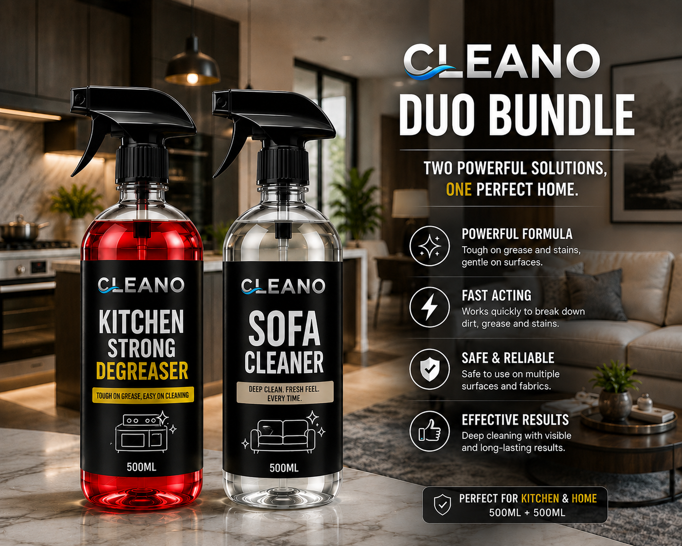 CLEANO Duo Bundle – Kitchen Degreaser & Sofa Cleaner (2-Pack)